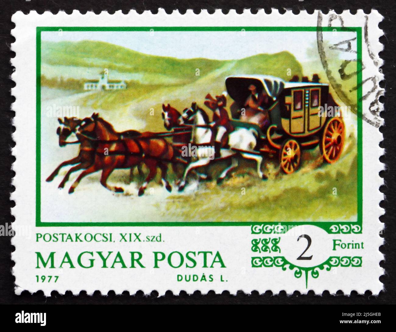 UNGARN - UM 1977: Eine in Ungarn gedruckte Briefmarke zeigt Postkutsche, Buda-Wien-Route, Geschichte des Kutschers, um 1977 Stockfoto