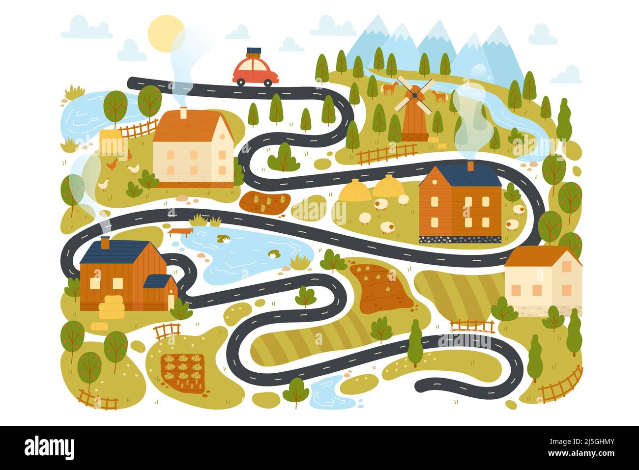 Kinder Karte von niedlichen Dorf für Reise Abenteuer Vektor Illustration. Cartoon kindliche Spielwelt mit Auto auf dem Land Straße, Bauernhäuser, Mühlen und Gärten, Bäume Hintergrund. Picknick-Plan-Konzept Stock Vektor