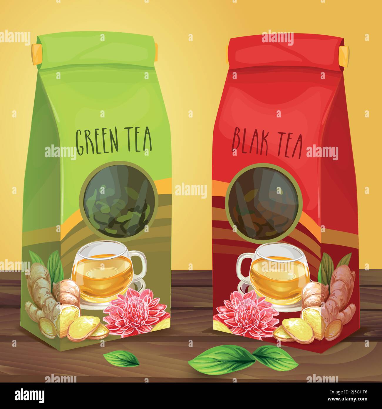Luftdichte Papierpakete mit grünem und schwarzem Tee und transparentem runden Fenster, dekoriert mit einer Tasse Tee, aufgeschnittener Ingwerwurzel, Blättern und Blumen im Stehen o Stock Vektor