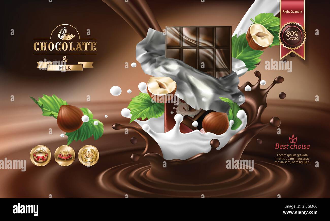 Vector 3D realistische Illustration, Spritzer von geschmolzener Schokolade und Milch mit fallenden Schokoladen-Bar in einem zerrissenen Wrapper und Nüsse. Ausgezeichnete Werbung p Stock Vektor