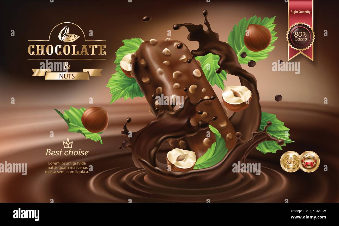 Vector 3D realistische Illustration, Spritzer von geschmolzener Schokolade und Milch mit fallenden Schokoladen-Bar und Nüsse. Ausgezeichnetes Werbeplakat für Promotin Stock Vektor