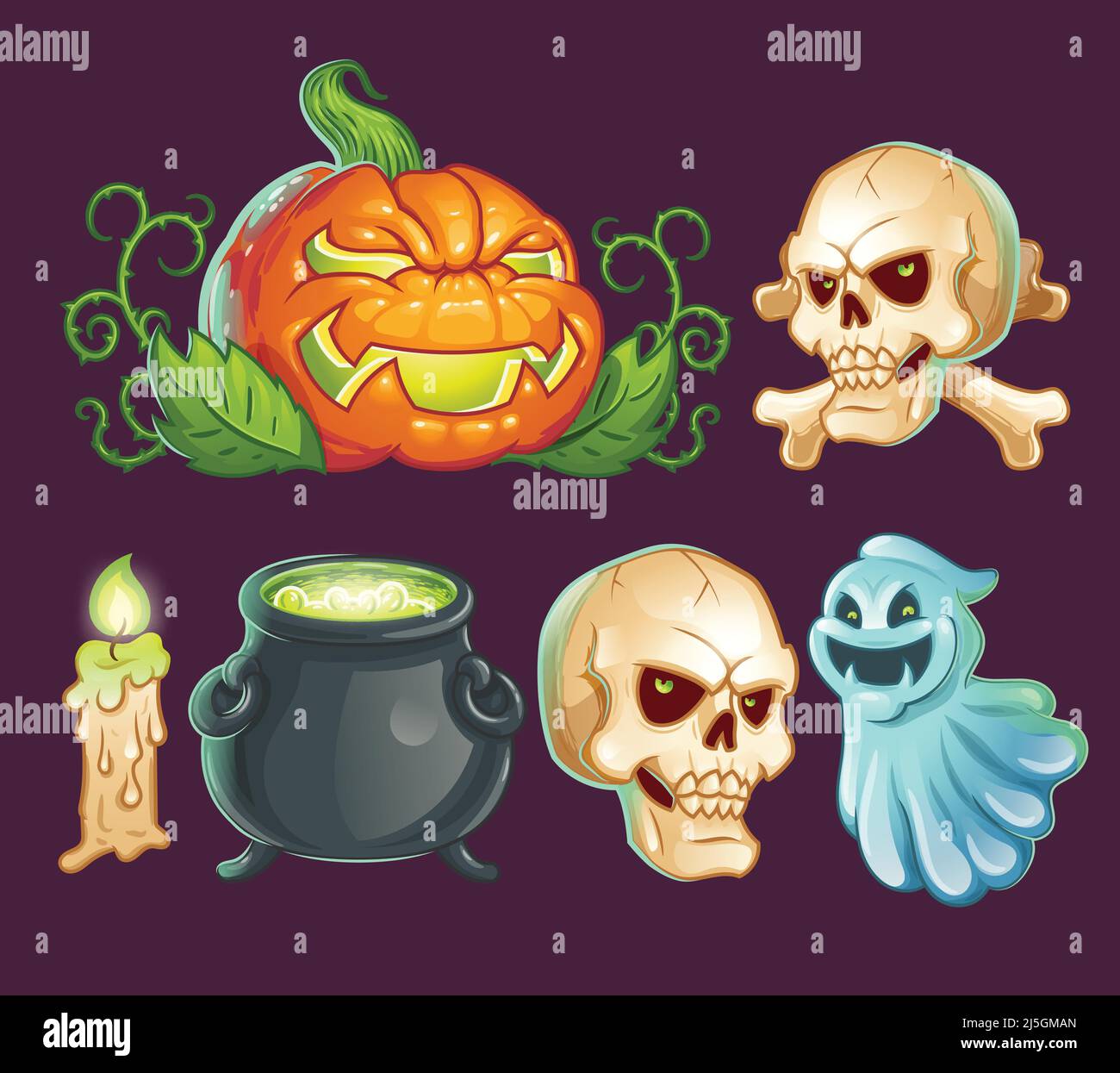 Set von Vektor-Cartoon-Figuren, Symbole, Aufkleber für Halloween. Erschreckende Kürbislaterne, schrecklicher Geist, gruseliger Schädel mit Knochen, Hexentopf mit Poti Stock Vektor