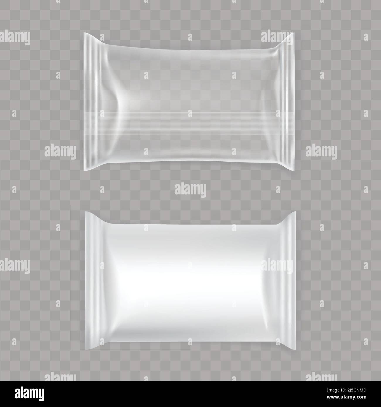 Set von Vektor-transparente und weiße Kunststoff-und Folienverpackung für Lebensmittel, Snacks, Chips Cookies Süßigkeiten isoliert auf transparentem Hintergrund in einem realistischen Stock Vektor