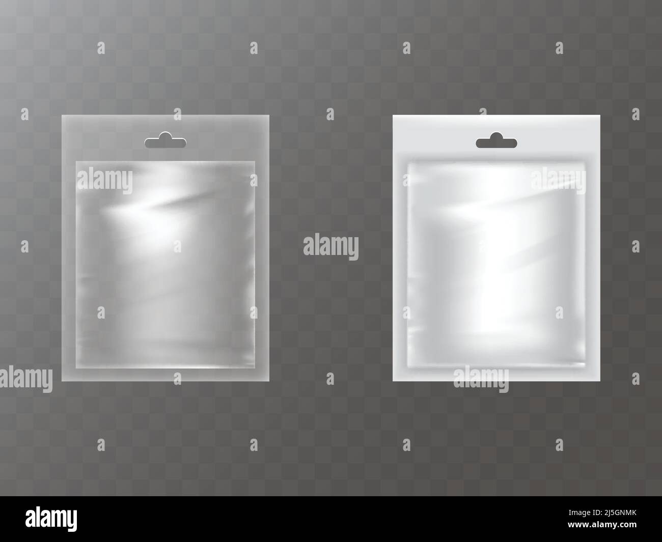 Transparente und weiße wiederverschließbare Ziplock Kunststoff- oder Folienbeutel mit Aufhängeloch Tab Tag isoliert realistische Vektor-Illustration. Leere Doy-Paketvorlage Stock Vektor