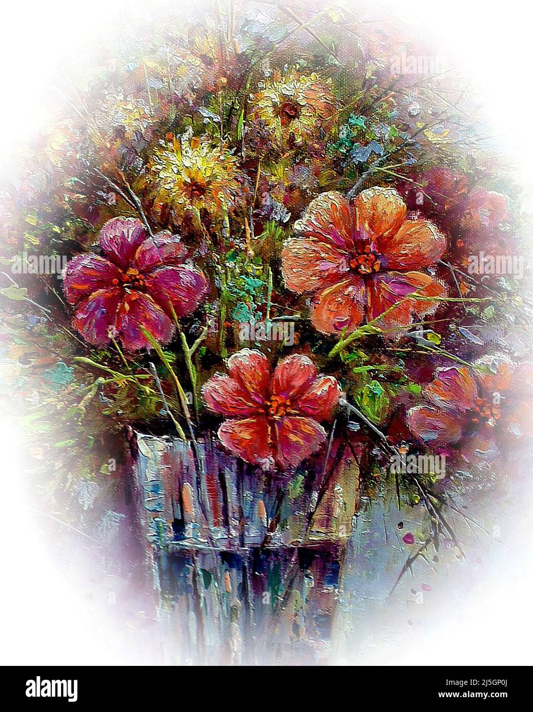 Ölgemälde von Blumen in bunten Vasen Stockfoto