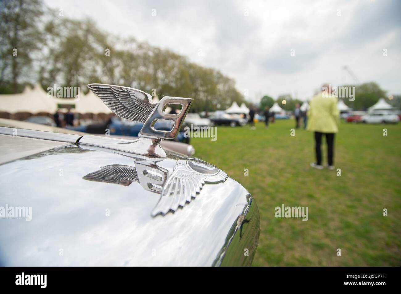 London, Großbritannien. 23. April 2022. Salon Prive zeigt High-End-Autos im Royal Hospital, Chelsea. Bentley. Auf den Rasenflächen des historischen Royal Hospital Chelsea Reihen sich die größten Supersportwagen, Sportwagen und Luxusautos der weltweit führenden Hersteller zusammen. Auf der Messe sind die neuesten Modelle von Aston Martin, Bgatti, Lamborghini, Maserati, Porsche und Rolls-Royce zu sehen - viele Models geben ihr Debüt in Großbritannien, live auf der Veranstaltung. Chelsea Rentner mischten sich mit der Öffentlichkeit, die aus Ghana, Thailand und darüber hinaus kam. Kredit: Peter Hogan/Alamy Live Nachrichten Stockfoto