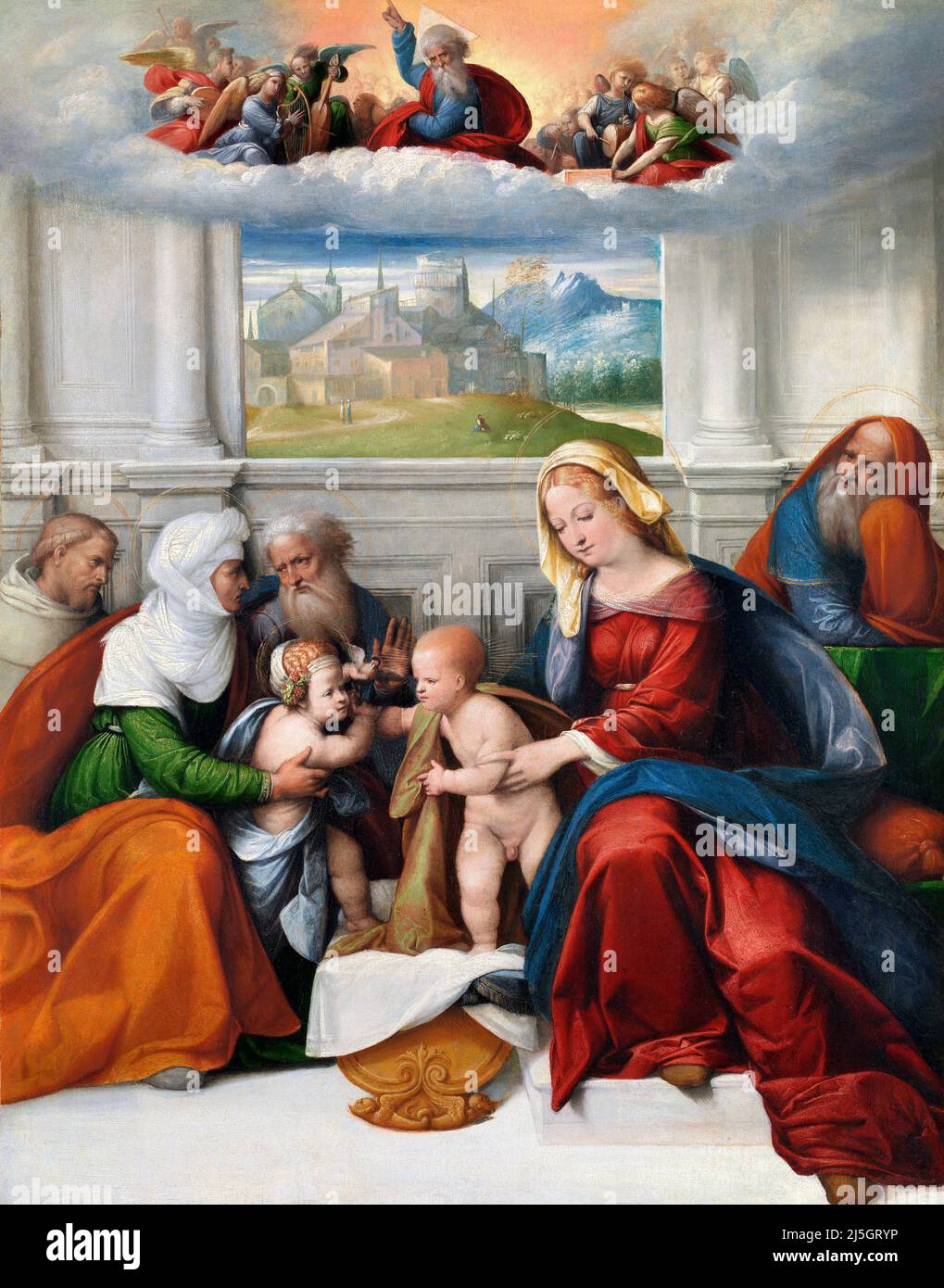Die Heilige Familie mit den Heiligen Elisabeth, Zacharias, Johannes dem Täufer (und Franziskus?) Von Il Garofalo (1481-1559), Öl auf Leinwand aus Holz übertragen, c. 1520-35 Stockfoto