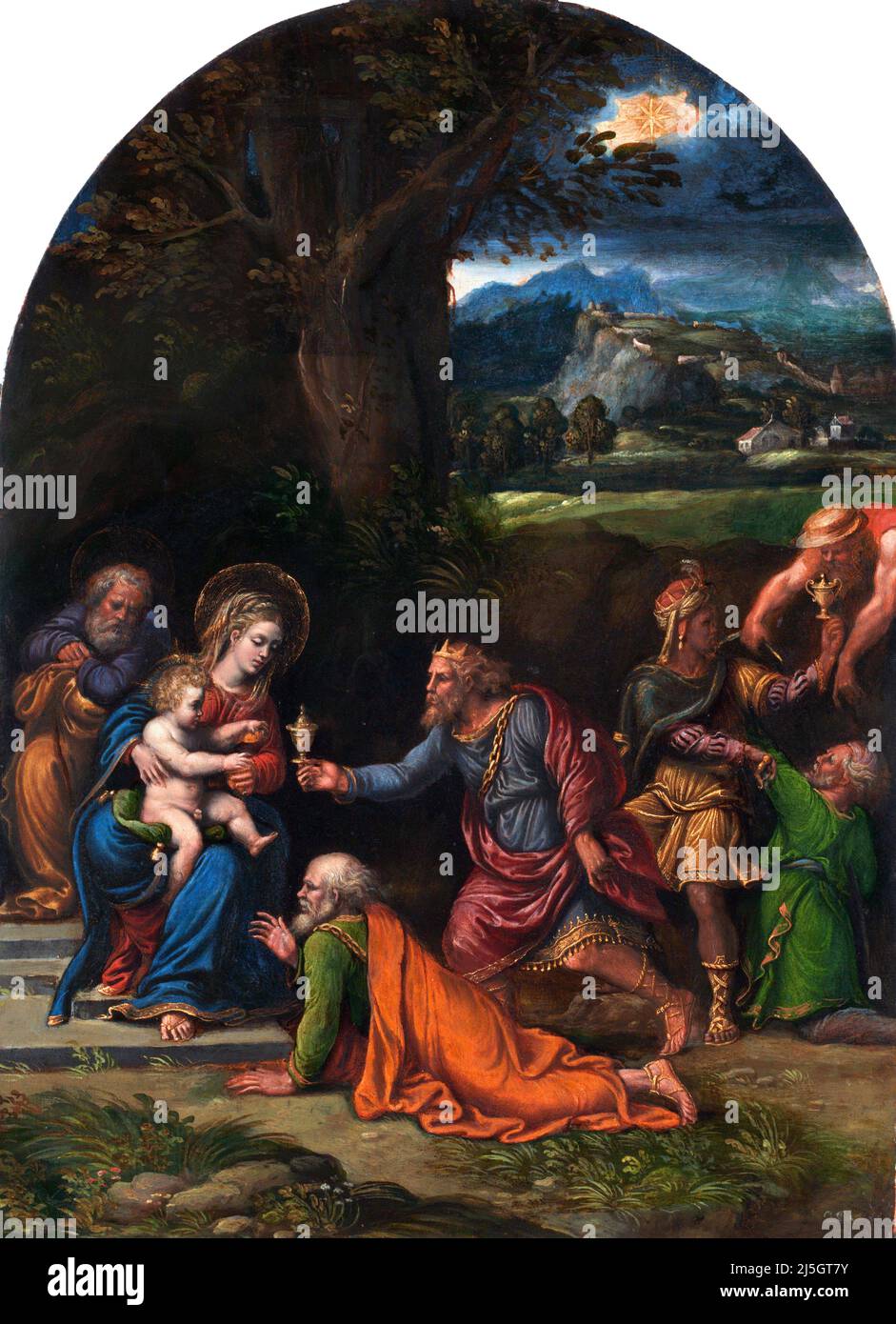 Die Anbetung der Kngs durch den italienischen Künstler Girolamo Da Carpi (1501-1556), Öl auf Holz, c.. 1538-48 Stockfoto