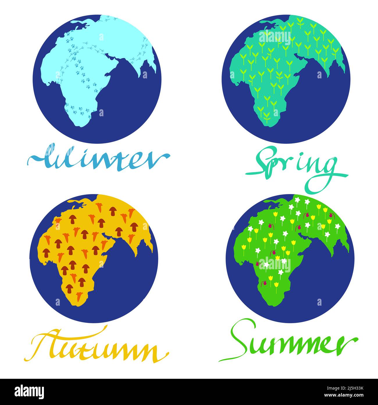 Flora des Planeten Erde in 4 verschiedenen Jahreszeiten Stock Vektor