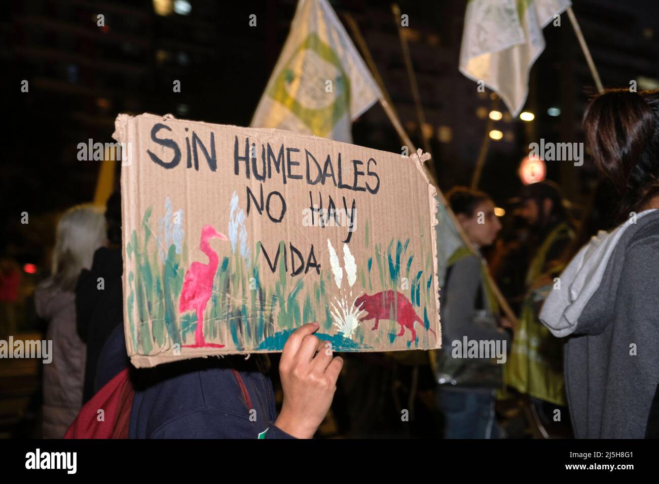 Buenos Aires, Argentinien; 22. April 2022: Menschen marschieren während der Demonstration zum Erdtag, unterschreiben mit einer auf sie gemalten Naturlandschaft und dem Text Stockfoto