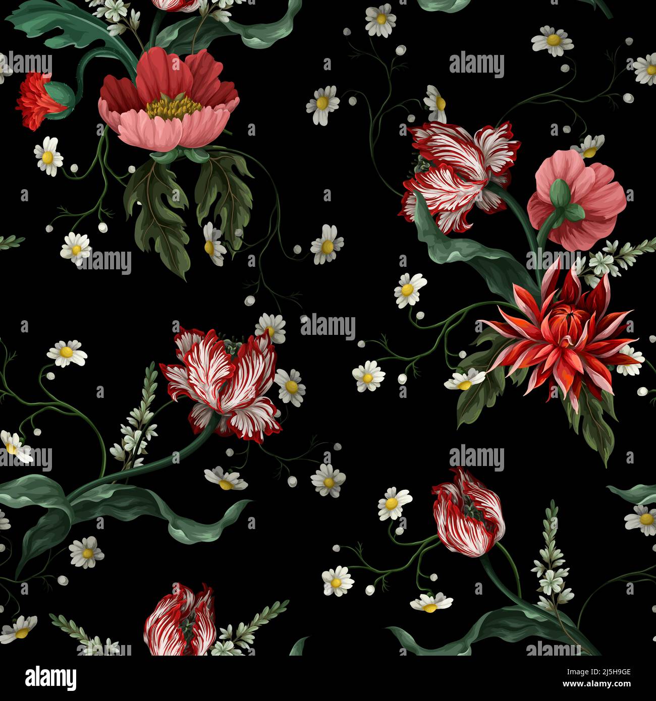 Nahtloses Muster mit Vintage-Blüten wie Tulpe, Mohnblumen und Kamillen. Klassische Vektortapete. Stock Vektor