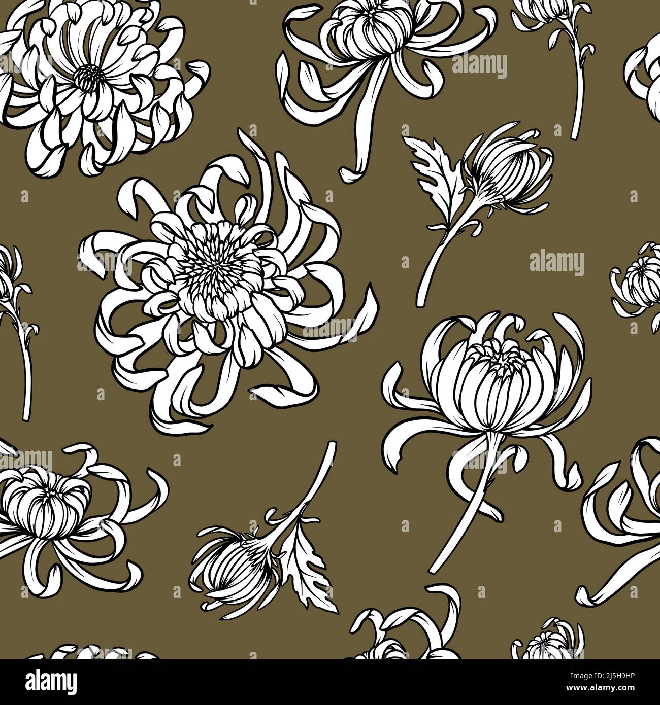 Nahtloses Muster mit monochromen Chrysanthemen. Vektor-Trenddruck. Stock Vektor