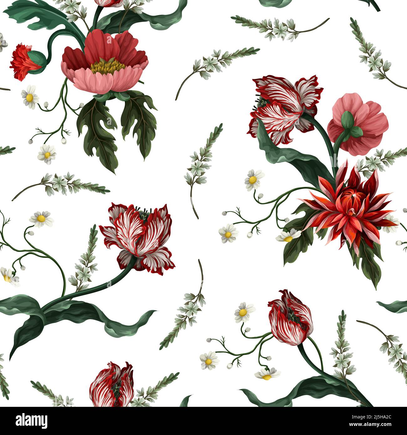 Nahtloses Muster mit Vintage-Blüten wie Tulpe, Mohnblumen und Kamillen. Klassische Vektortapete. Stock Vektor