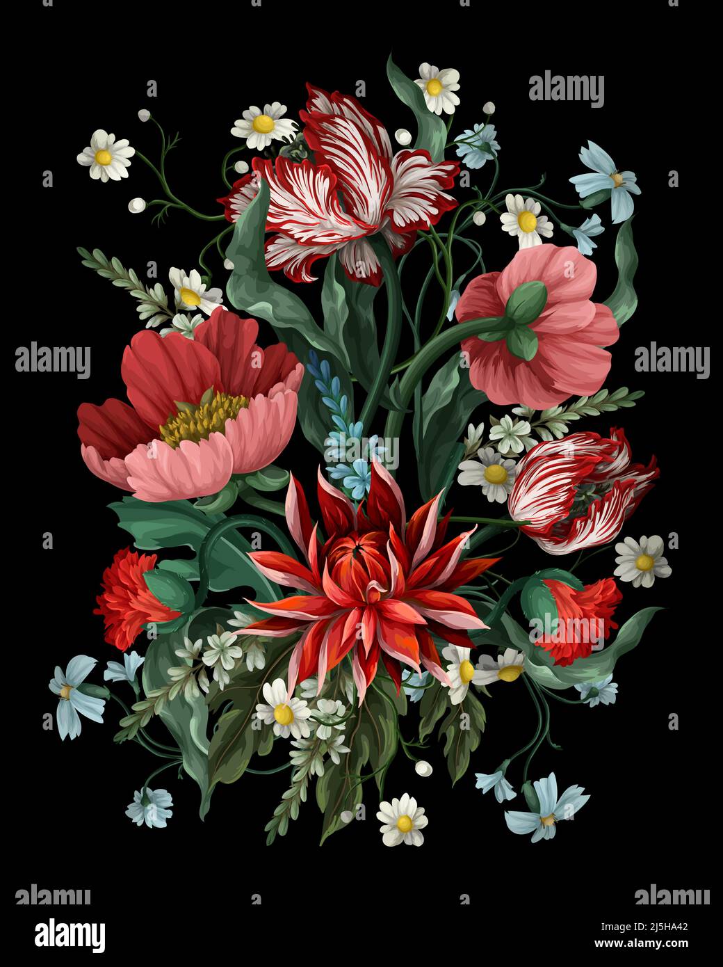 Bouquet mit Vintage-Blumen wie Tulpe, Mohnblumen und Kamillen. Klassische Vektortapete. Stock Vektor