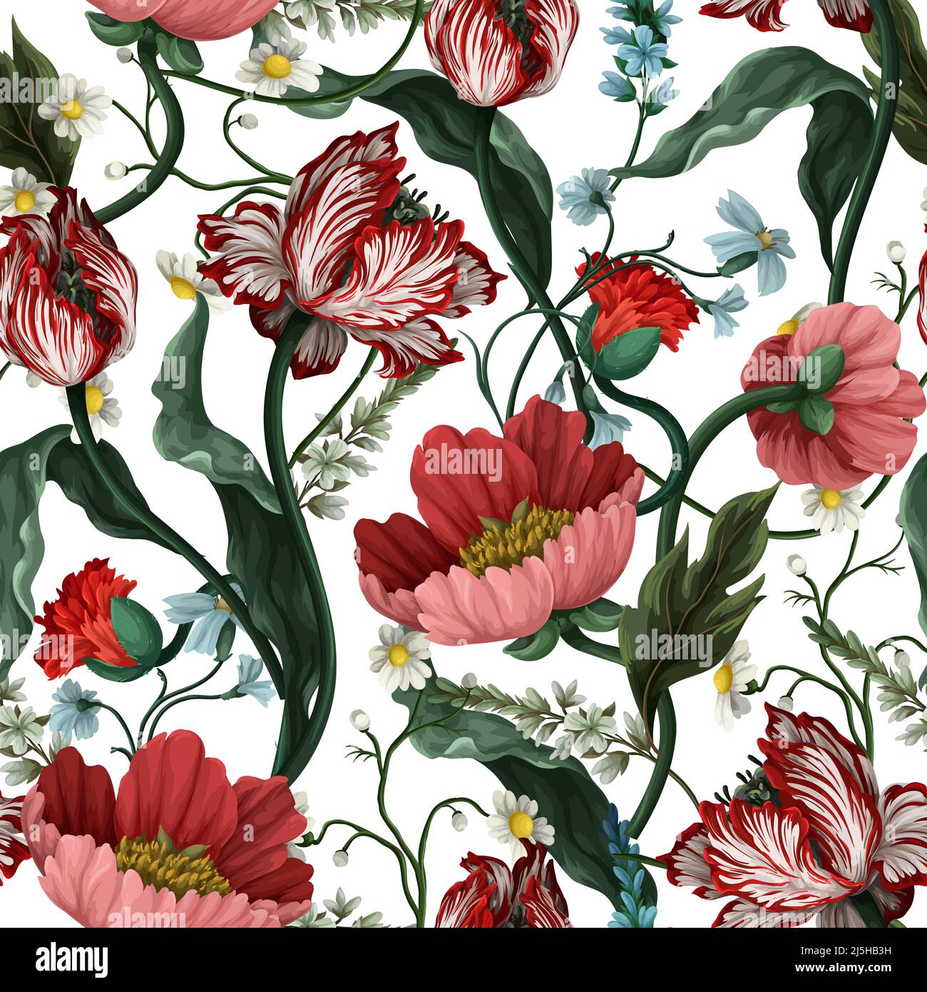 Nahtloses Muster mit Vintage-Blüten wie Tulpe, Mohnblumen und Kamillen. Klassische Vektortapete. Stock Vektor