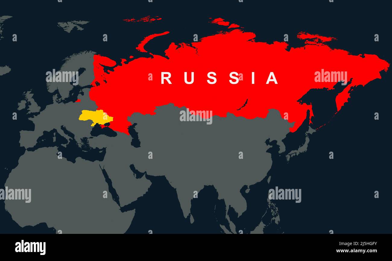Russland, Ukraine und Europa auf der Weltkarte, Territorium Russlands in Eurasien auf dunkler Übersichtskarte. Konzept des russisch-ukrainischen Krieges, der geographischen und politischen Lage Stockfoto