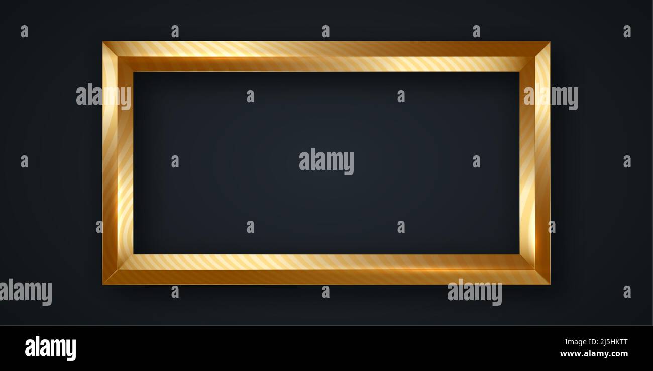 Rechteckiger Rahmen aus vergoldetem Holz, gestreifter, verzierter goldener Bilderrahmen, klassische goldene Luxus-Bordüre als Vektorgrafik isoliert auf schwarzem Hintergrund Stock Vektor