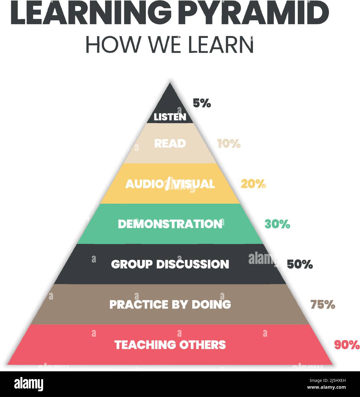 Der Infografik-Vektor der Lernpyramide bezieht sich auf den Kegel oder das Rechteck, an den sich die Schüler BY10 % dessen erinnern, was sie als passiv lesen. Illustrator-Vektor Stock Vektor