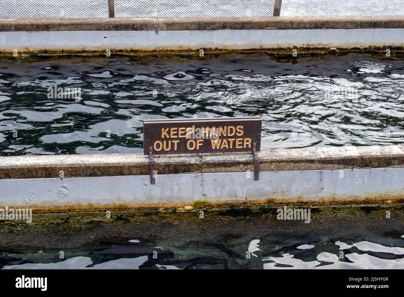 Das Schild macht die Warnung deutlich: Hände nicht vom Wasser lassen. Stockfoto