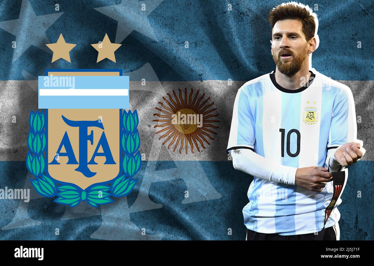 Lionel Messi, die argentinische Flagge und der Schild des argentinischen  Fußballverbands (AFA Stockfotografie - Alamy