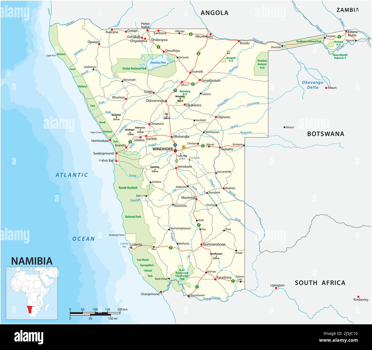 Detaillierte Vektorstraßen und Nationalpark-Karte von Namibia Stock Vektor