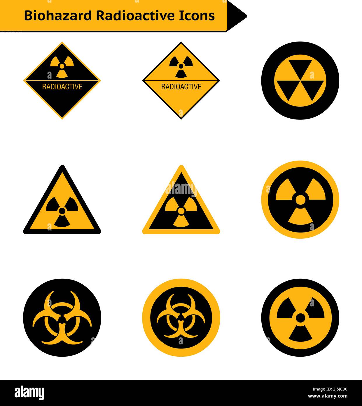 Symbol für radioaktive Biogefährdung in schwarzer und gelber Farbe auf weißem Hintergrund Stock Vektor