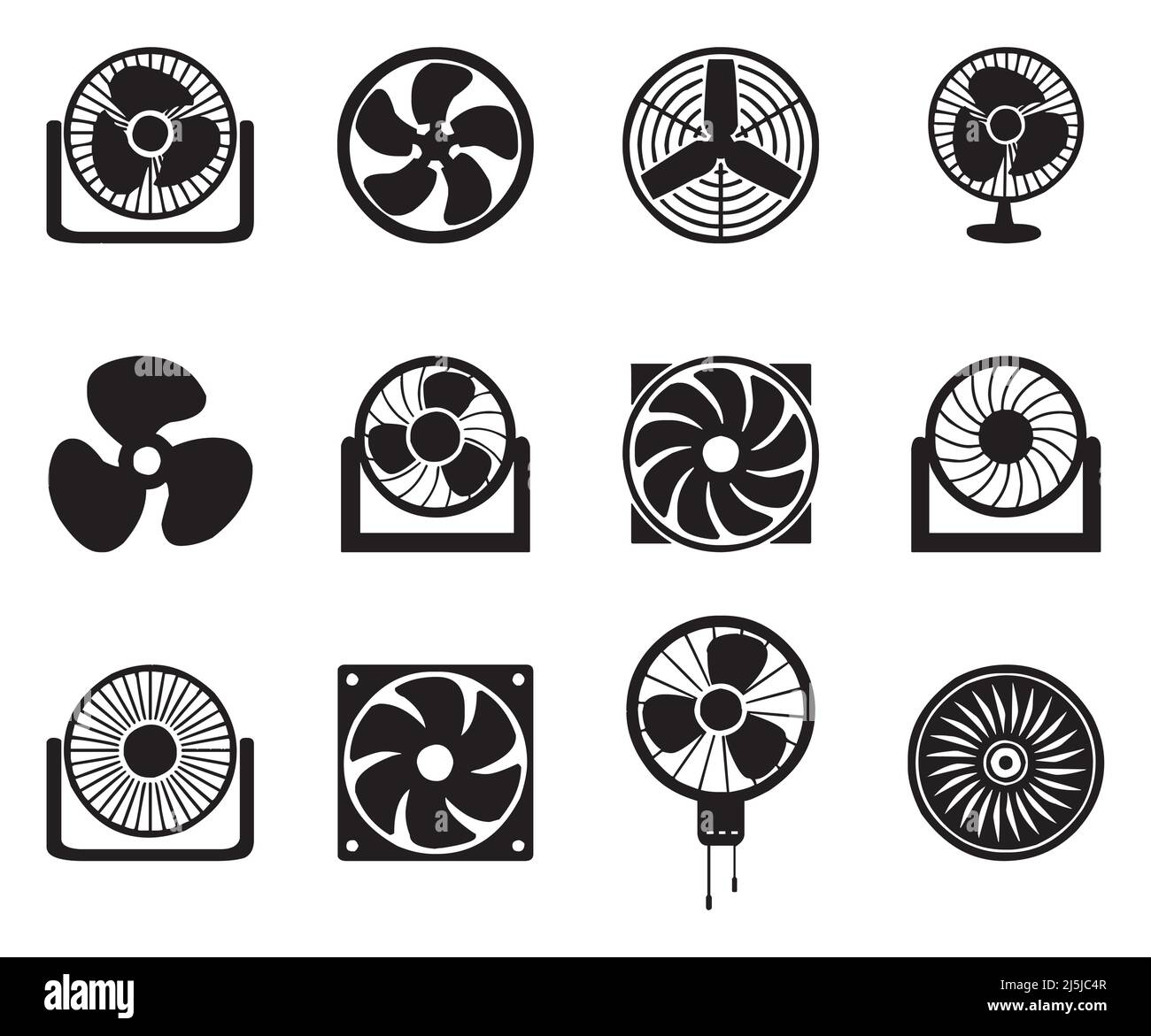 Fan-Vektor-Symbole in schwarzer Farbe auf weißem Hintergrund. Satz von 12 Vektor-Symbole Stock Vektor