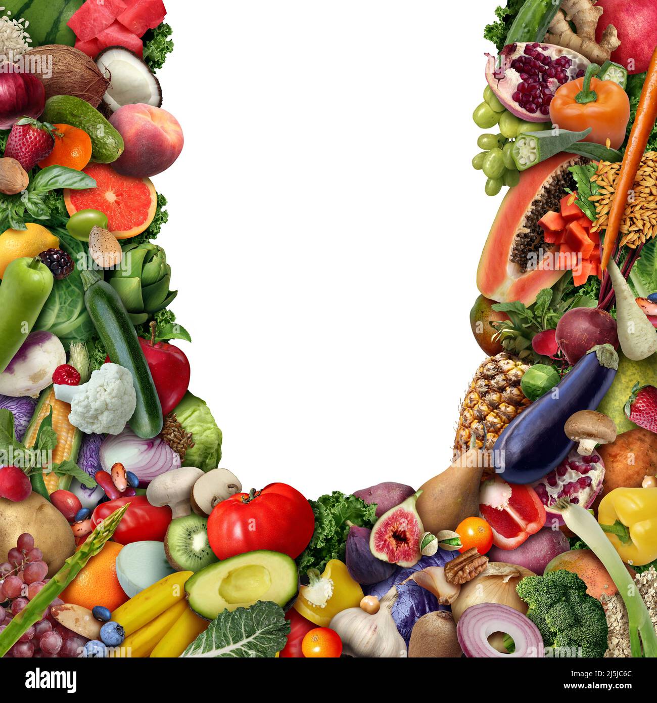 Obst und Gemüse Blank Frame Hintergrund oder vegan und Veganismus oder gesunde Lebensmittel als eine Gruppe von frischen reifen Früchten und Nüssen mit Bohnen als Diät. Stockfoto