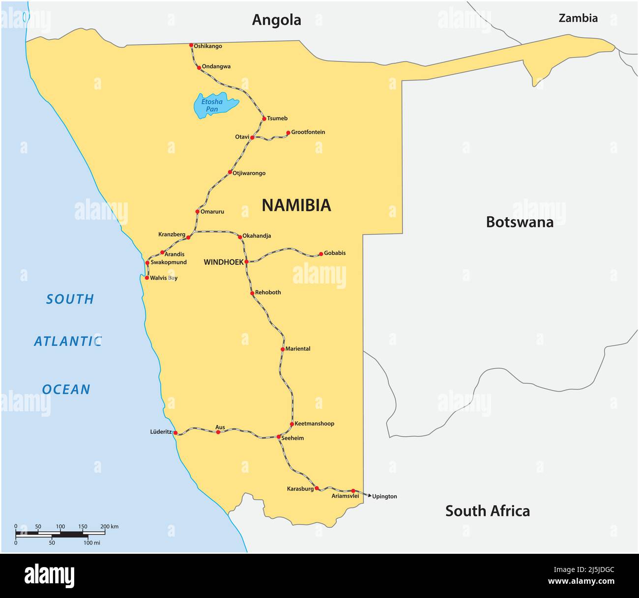 Streckennetz-Karte und Bahnhöfe in Namibia Stock Vektor