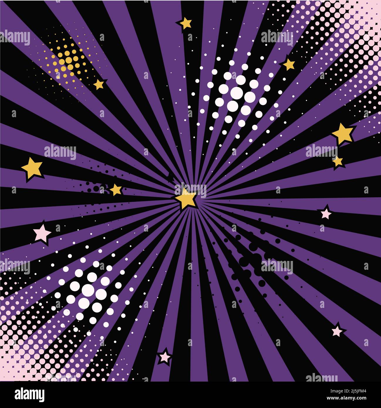 Sunburst mit Sternen und abstraktem Vektorhintergrund mit halben Punkten in violetter und schwarzer Farbe Stock Vektor