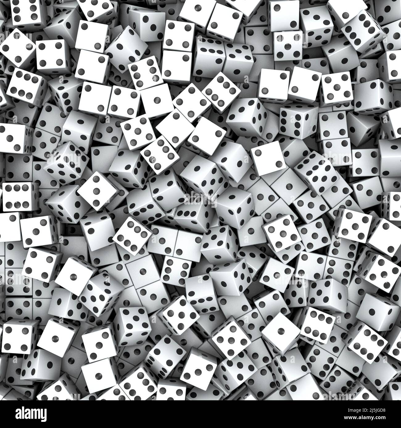 Hintergrund der weißen Würfel - 3D Illustration von Hunderten von weißen Würfeln mit schwarzen Flecken Stockfoto