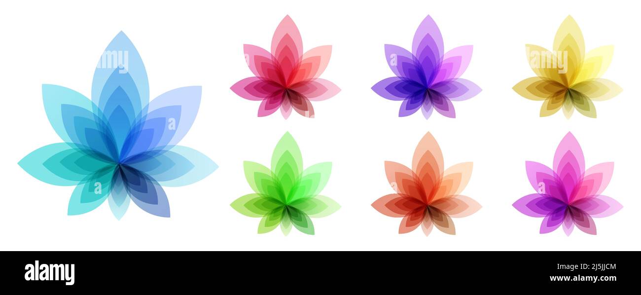 Bunte, halbtransparente Blüten mit abstrakten Blütenblättern. Vektorgrafik Stock Vektor