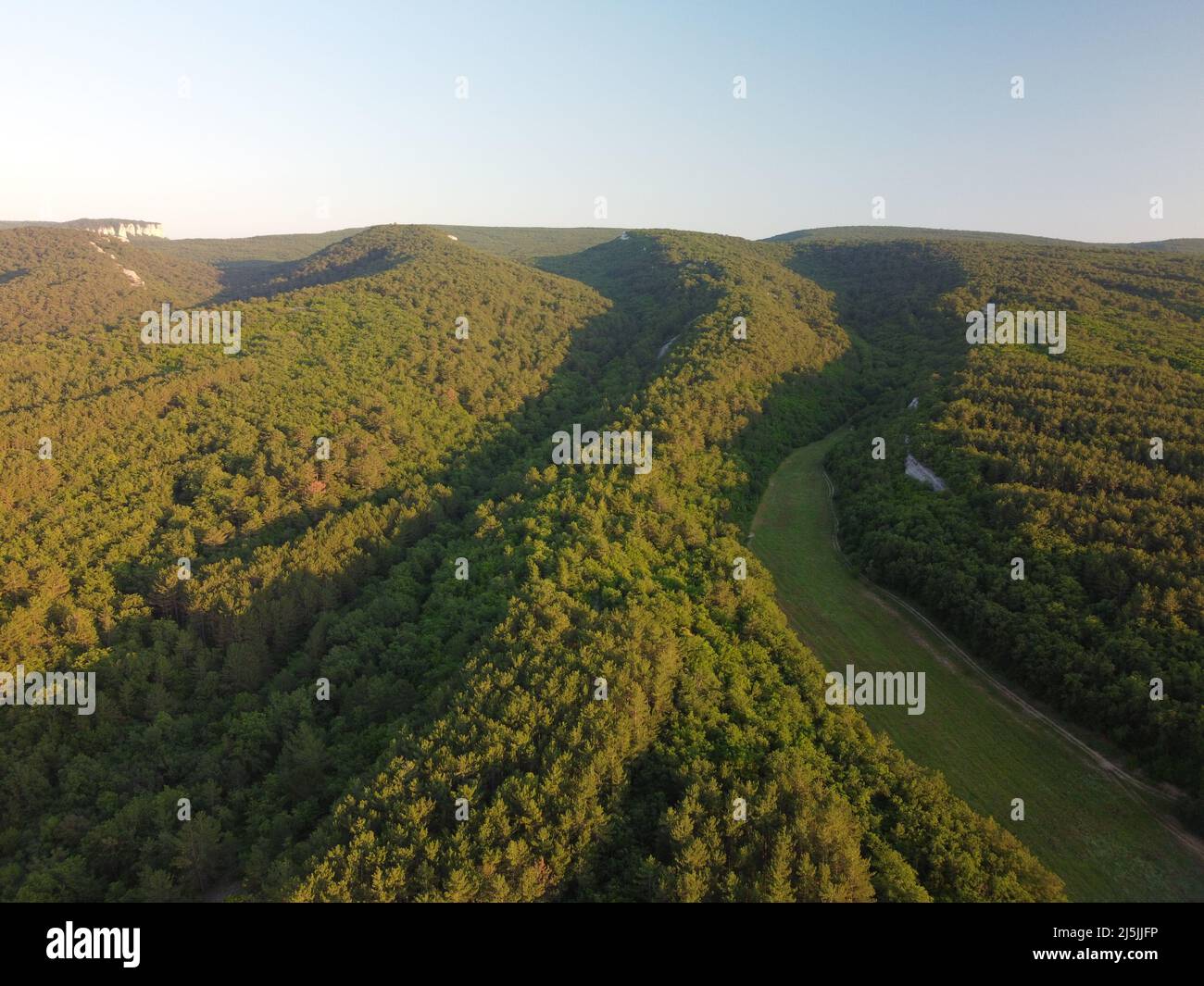 Luftlandschaft im Wald. Schöne europäische Berglandschaft, mit Berggipfeln mit Wald bedeckt. Blick von oben auf die üppig grüne Pflanze am Berg. Stockfoto