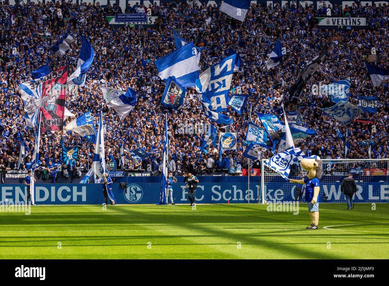 Sport, Fußball, 2. Bundesliga, 2021/2022, FC Schalke 04 vs. SV Werder Bremen 1-4, Veltins Arena Gelsenkirchen, Spaß und Enthusiasmus bei den Schalker Fußballfans, Fahnenschwenken, Fahnenträger, Vereinsmaskottchen Erwin, DFL-VORSCHRIFTEN VERBIETEN DIE VERWENDUNG VON FOTOS ALS BILDSEQUENZEN UND/ODER QUASI-VIDEO Stockfoto