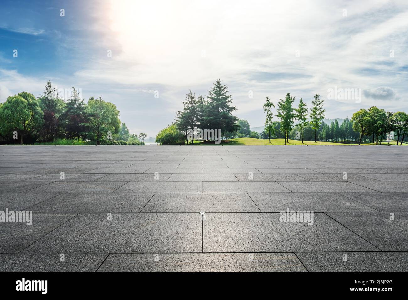 Leere quadratische Plattform und grüne Waldlandschaft an einem sonnigen Tag Stockfoto