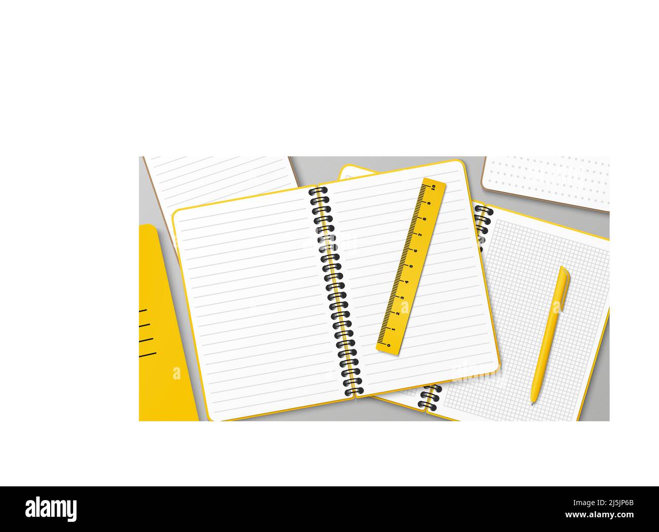 Komposition mit einem Haufen Notizbücher und einem Stapelnotizblock auf dem Tisch. Stapel von Büchern mit Lineal und Stift. Papier auflegen. Arbeitsplatz. Business Brainstormin Stock Vektor