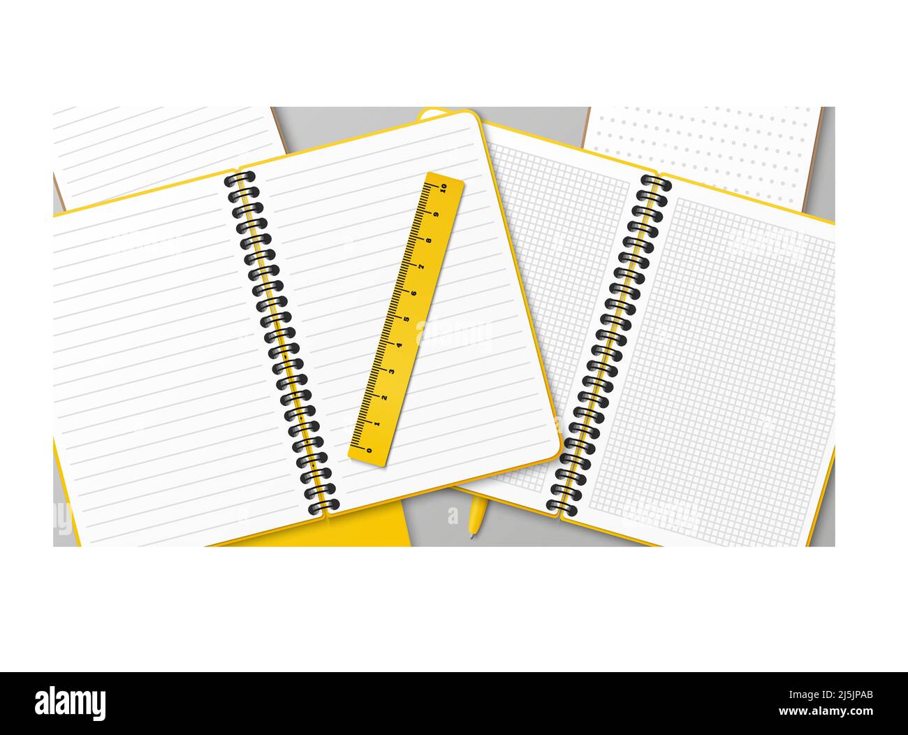 Komposition mit einem Haufen Notizbücher und einem Stapelnotizblock auf dem Tisch. Stapel von Büchern mit Lineal und Stift. Papier auflegen. Arbeitsplatz. Business Brainstormin Stock Vektor