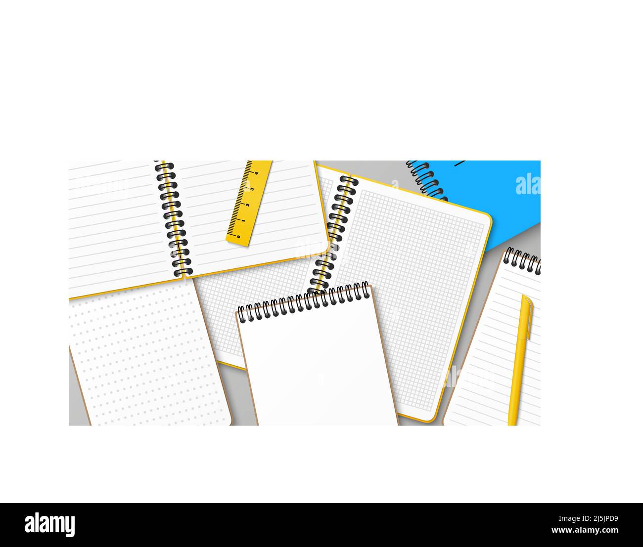 Komposition mit einem Haufen Notizbücher und einem Stapelnotizblock auf dem Tisch. Stapel von Büchern mit Lineal und Stift. Papier auflegen. Arbeitsplatz. Business Brainstormin Stock Vektor