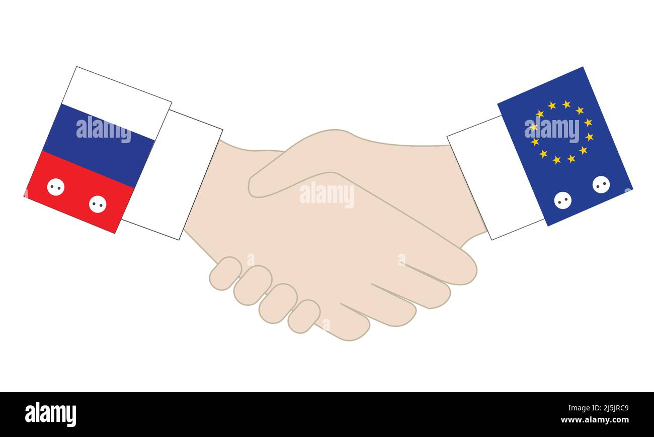 Handschlag diplomatischer Geschäftsabkommen und eines friedlichen Zusammenhangs zwischen Russland und dem Land der Europäischen Union. Vektor- und Illustrationsdesign. Stock Vektor