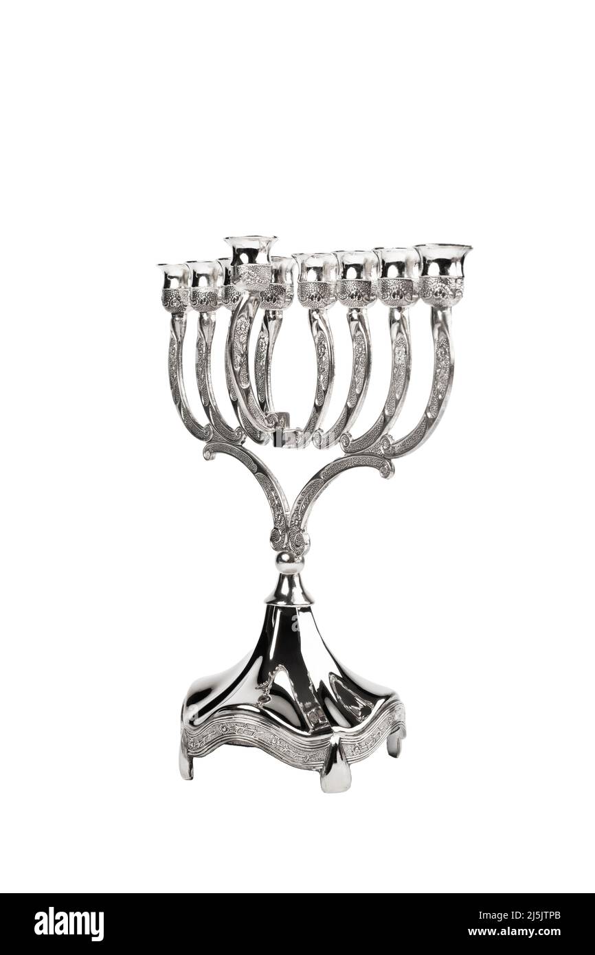 Silberne Hanukkah Menorah auf weißem Hintergrund Stockfoto
