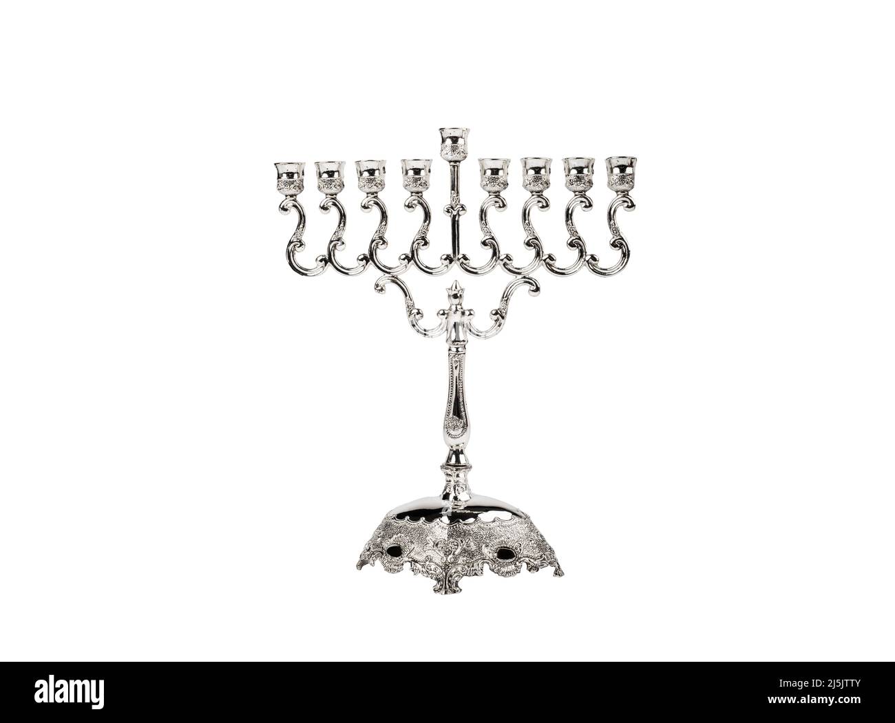 Silberne Hanukkah Menorah auf weißem Hintergrund Stockfoto