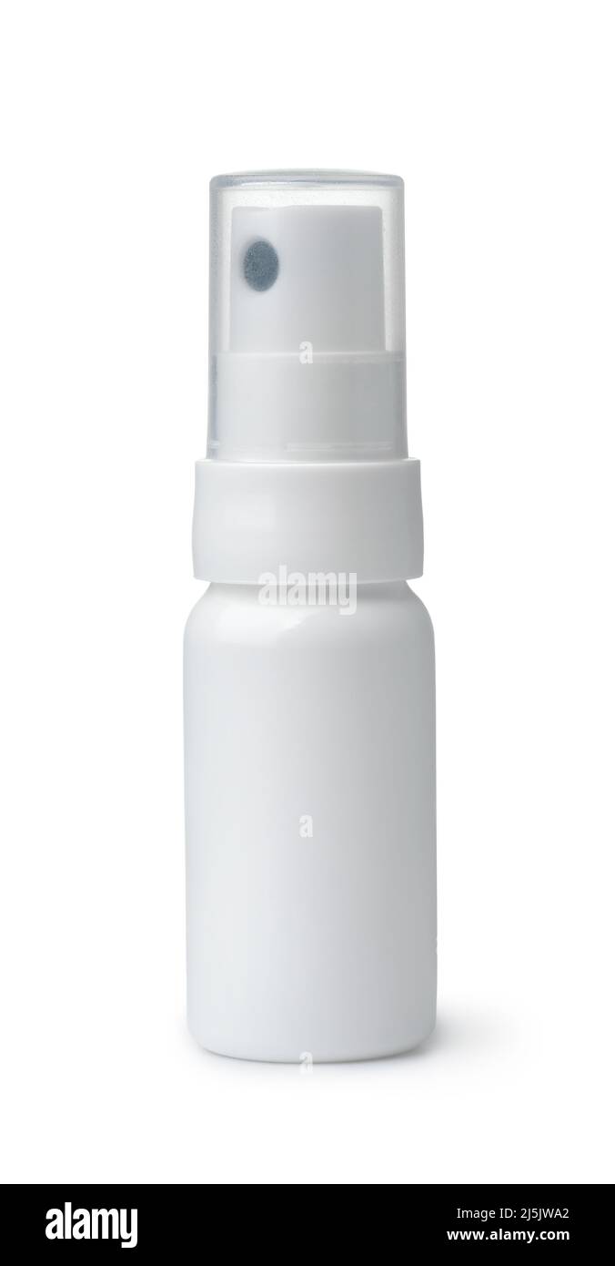Leere Tasche Sprühflasche mit Kappe isoliert auf weiß Stockfoto