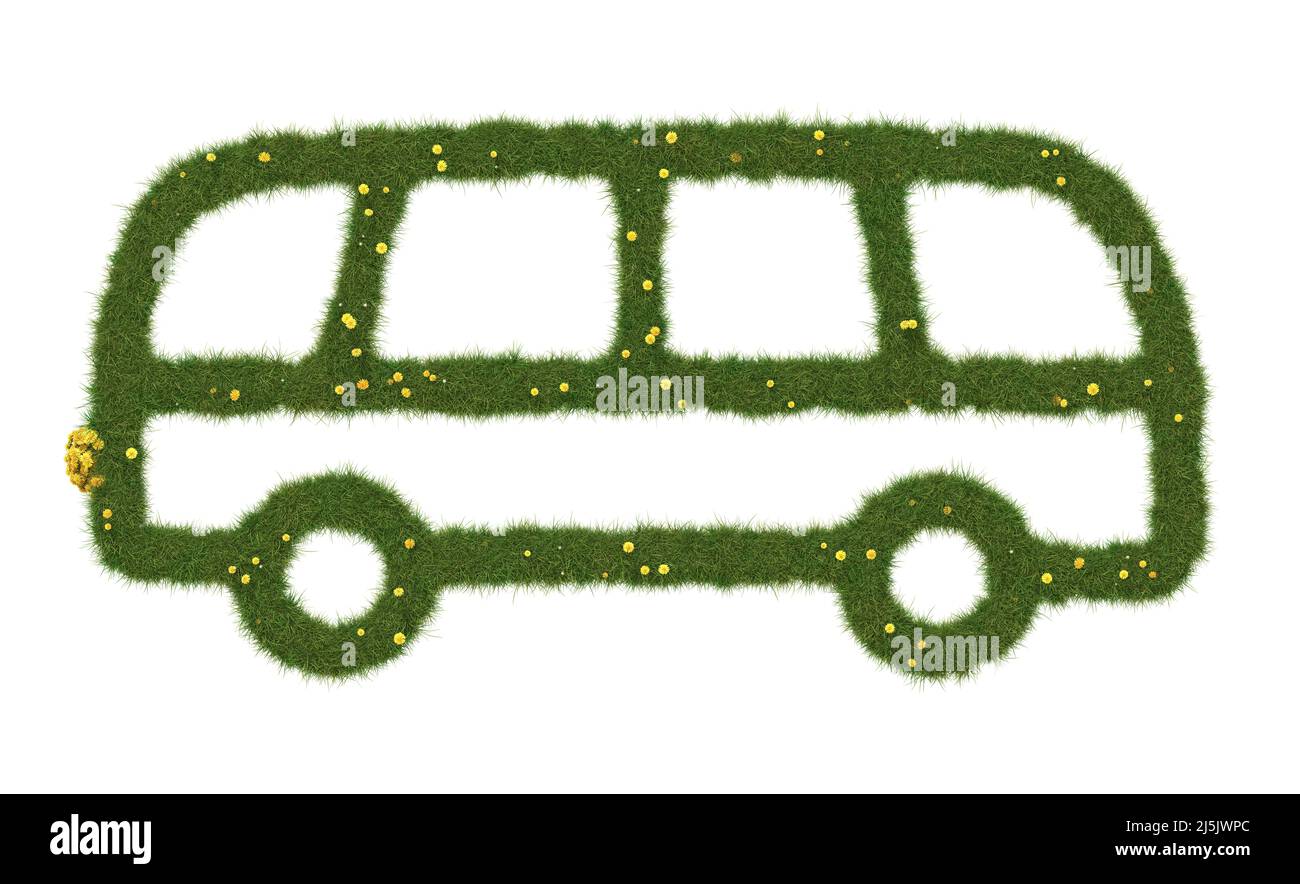 Bussymbol aus realistischem Gras. Öko-Transportkonzept. 3D Abbildung. Stockfoto