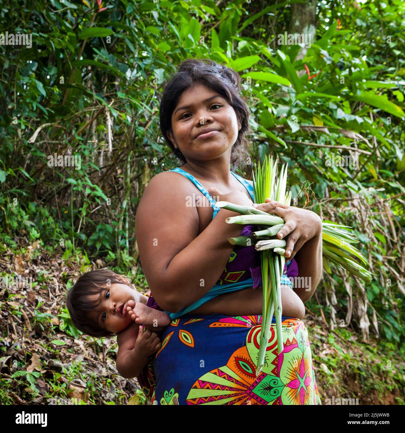 Embera inderin und Baby mit Ernte im Regenwald in der Nähe des Dorfes neben Rio Pequeni, Provinz Colon, Republik Panama, Mittelamerika. Stockfoto