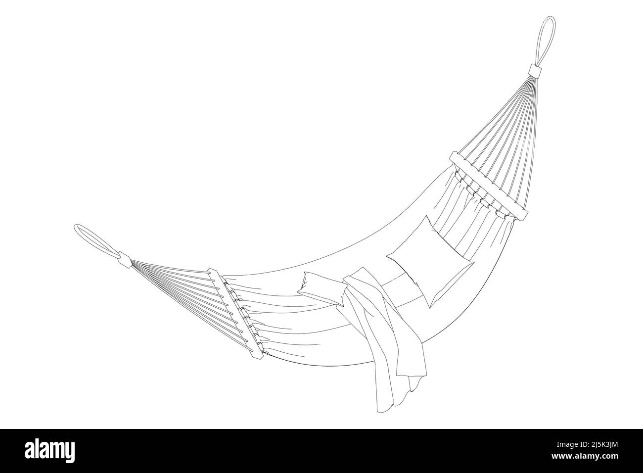 Die Kontur eines Hängebettes mit einer Decke und Kissen aus schwarzen Linien isoliert auf weißem Hintergrund. Isometrische Ansicht. Vektorgrafik. Stock Vektor