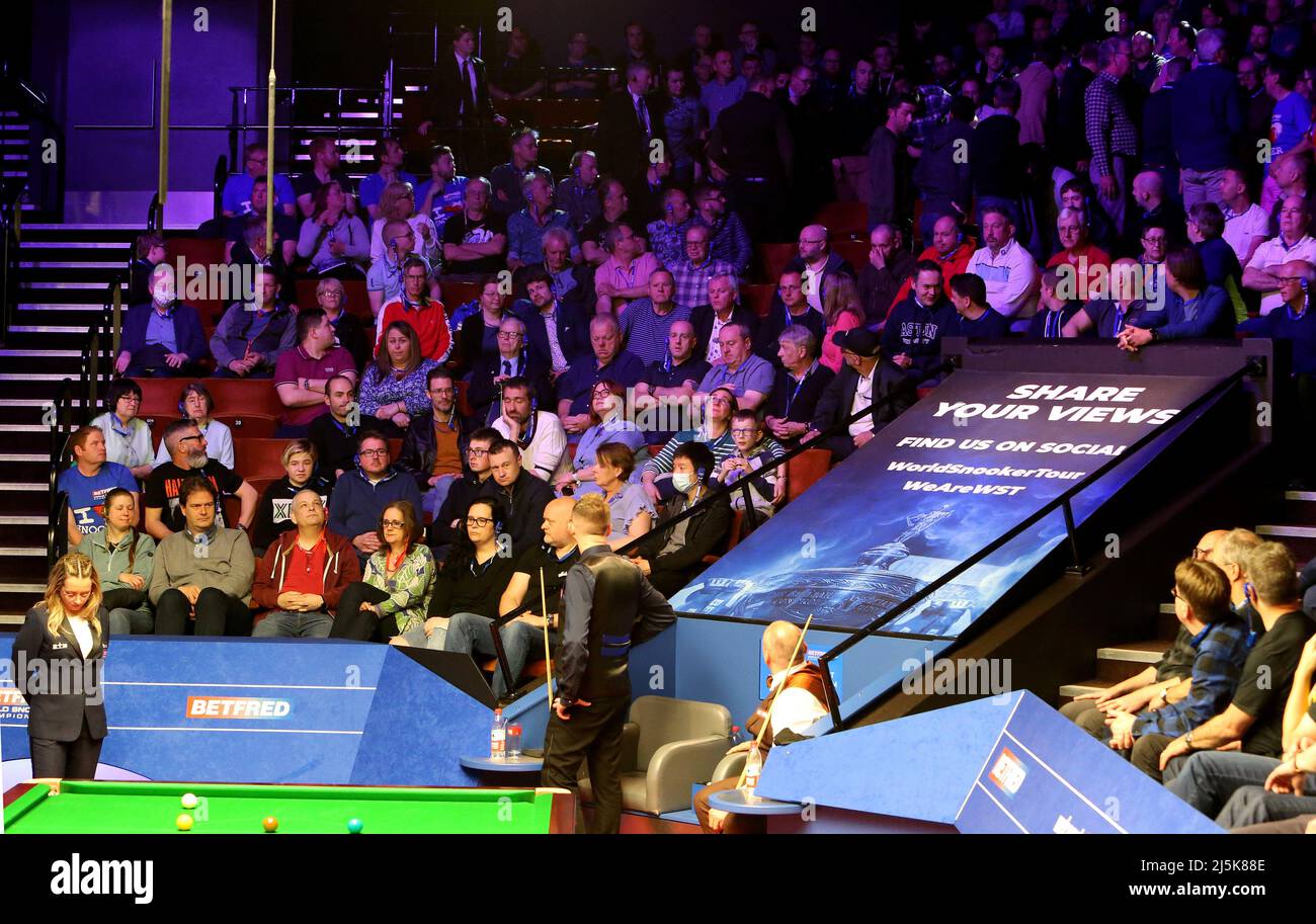 Crucible Theatre, Sheffield Yorkshire, Großbritannien. 24. April 2022. Betfred World Championship Snooker 2. Runde Spiele: Das Spiel wird gestoppt, weil jemand in der Menge krank wird, während Schiedsrichter Desislava Bozhilova und Kiren Wilson und Stewart Bingham die Situation ansehen Kredit: Action Plus Sports/Alamy Live News Stockfoto