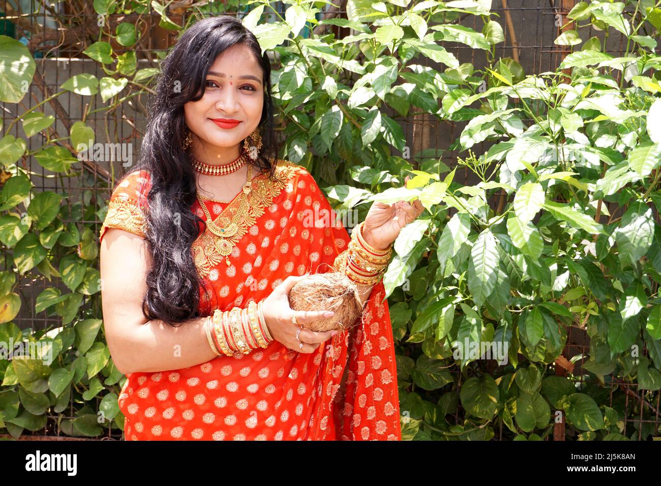 Frau in roten Mekhla hält religiöse Opfer, indische Frau in traditionellen Sari-Kleid im Hausgarten Stockfoto