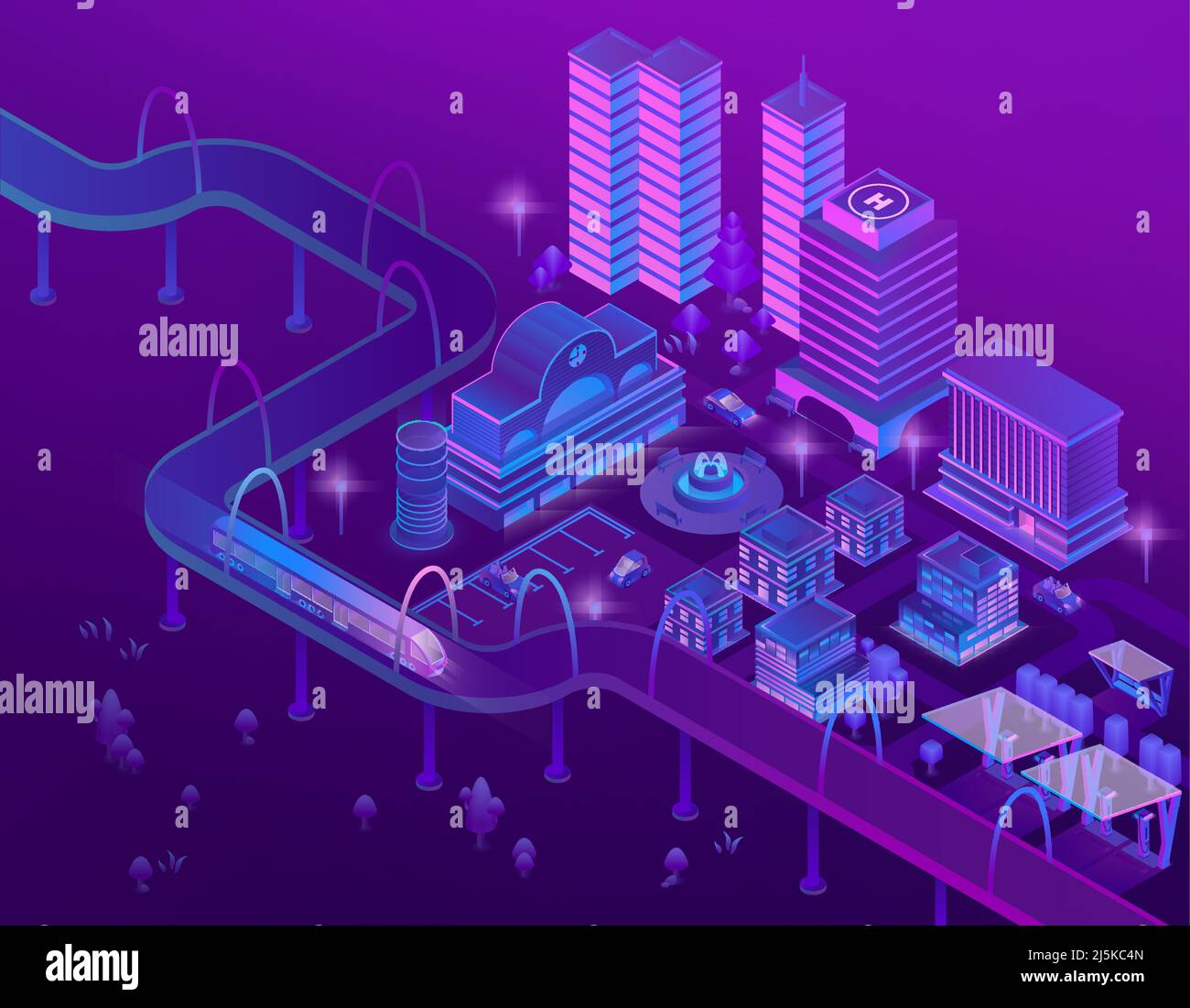 Vector 3D isometrischer Zug auf der Straße in Megapolis mit Wolkenkratzern. Stadtparkplatz für Autos in violetten Farben. Gebäude mit Platz für Hubschrauber, Brücke w Stock Vektor