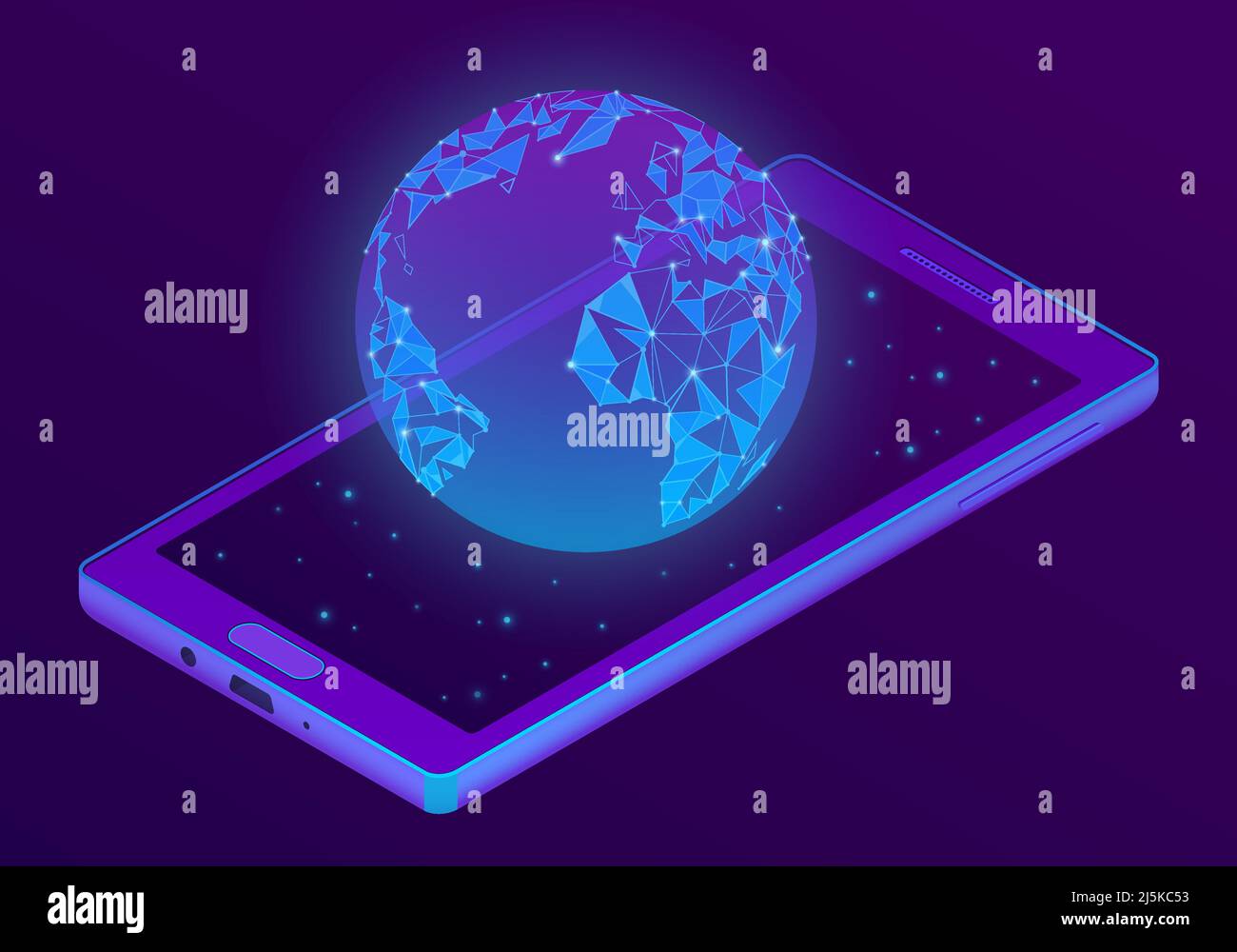 Vector 3D isometrisches ultraviolettes Smartphone mit Welt-Hologramm. Puple Globe auf dem Display des elektronischen Geräts. Internetverbindung, soziales Netzwerk. Stock Vektor