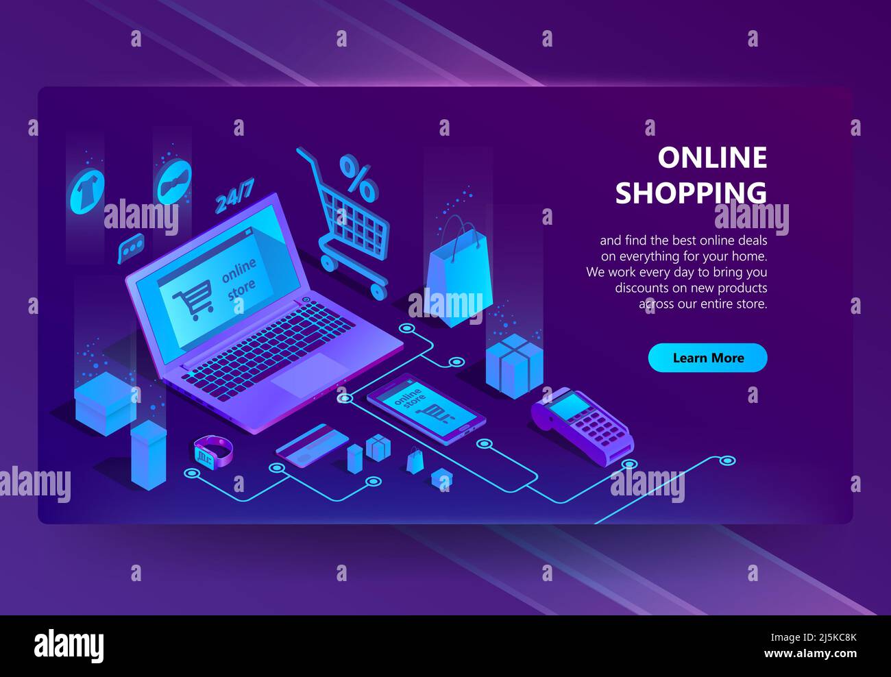 Vektor 3D isometrische Vorlage von E-Commerce-Website, Online-Shop-Seite mit Buton. Einkaufsservice, Bezahlung per Smartphone oder Laptop und Lieferung. Illustre Stock Vektor
